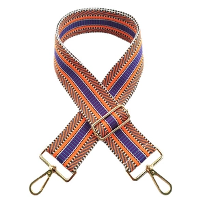 Colorful embroidered wide shoulder strap with geometric stripes and gold metal buckles