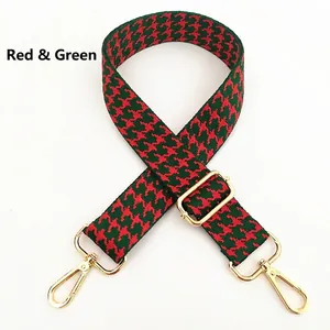 Detail of red and green houndstooth pattern strap with gold-tone lobster clasps