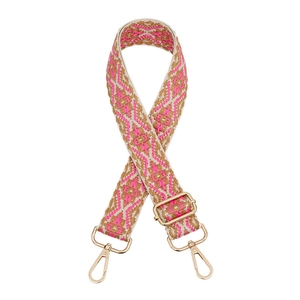 3.8cm pink and brown geometric jacquard bag strap with adjustable gold hardware