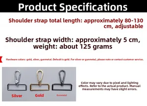 Adjustable 5cm wide replacement bag strap with dimensions 80-130cm and metal hardware