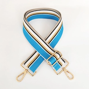 Details des verstellbaren breiten Taschenriemens mit hellblauen Streifen und Goldhaken