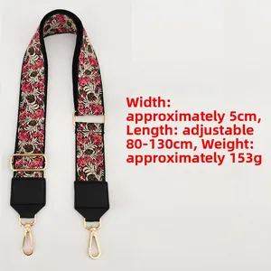 Detail of 5cm wide ethnic floral embroidered strap with gold lobster clasps and adjusters