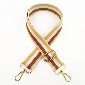 Detail showing adjustable wide canvas guitar strap with yellow and brown stripes and gold hardware