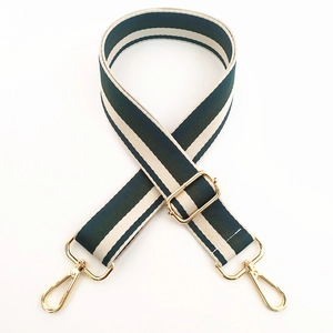 Detail of adjustable green and beige striped canvas strap with gold swivel hooks