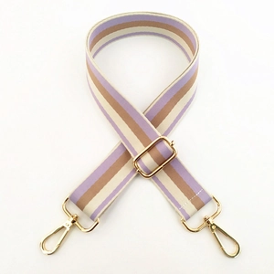 Detail of adjustable thick striped strap with gold metal hooks for crossbody bags