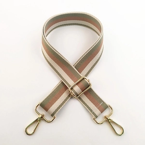 Close-up of adjustable striped canvas strap with vintage colors and gold metal buckles