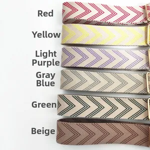 Detail of thickened woven straps with colorful herringbone patterns and gold metal buckles