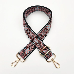 Ethnic embroidery jacquard shoulder strap with floral pattern and golden metal clips