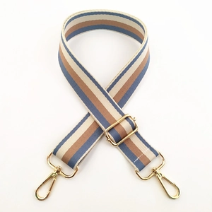Detail of adjustable wide striped canvas strap with premium gold metal lobster hooks