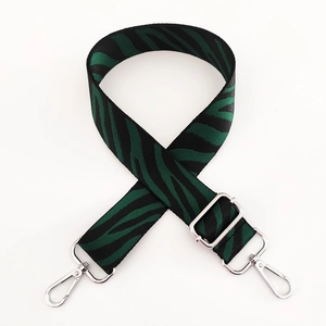 Detail of adjustable zebra pattern wide shoulder strap with silver lobster clasps