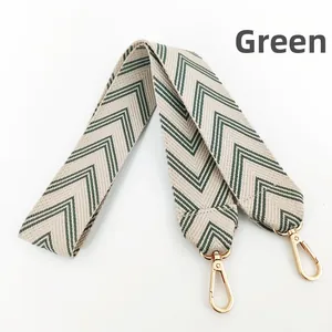 Detail of green and beige herringbone jacquard strap with gold-tone metal hooks