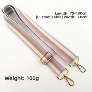 Adjustable 3.8cm wide woven strap with purple and brown stripes and gold metal hooks