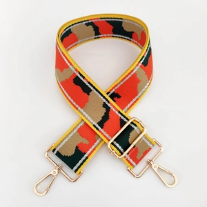 Close-up of geometric pattern webbing strap with light gold lobster clasps for handbags