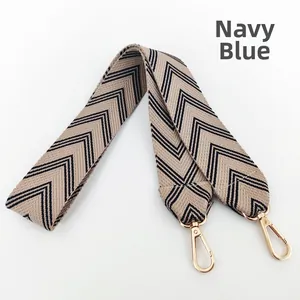 Detail of navy blue and beige herringbone pattern canvas strap with gold swivel hook