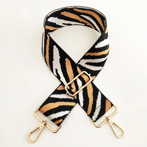Adjustable zebra print wide shoulder strap with gold metal hooks for crossbody bags