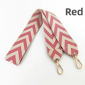 Detail of red and beige chevron patterned wide woven strap with gold metal lobster clasps