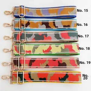 Detail of adjustable camouflage bag straps with metal hooks in various color patterns