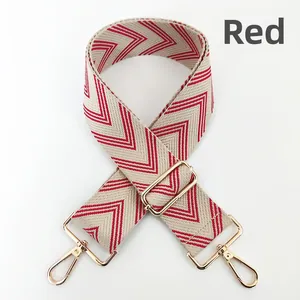 Close-up of red and beige chevron woven bag strap with adjustable gold metal buckles