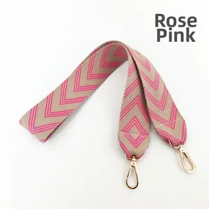 Detail of rose pink and beige woven pattern strap with gold metal lobster clasp