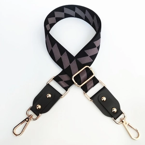 Adjustable wide replacement shoulder strap with grey geometric pattern and gold hooks