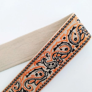 Macro detail of ethnic paisley embroidery on adjustable woven strap for shoulder bags