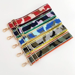 Detail of adjustable camouflage patterns shoulder straps with gold-tone metal hooks