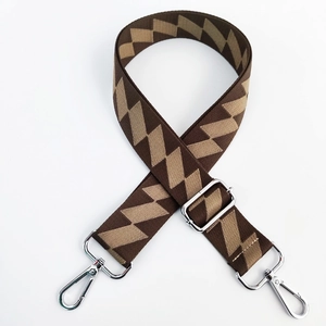 Adjustable wide shoulder strap with brown and beige geometric jacquard and silver hooks