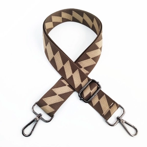 Adjustable wide replacement bag strap with brown geometric pattern and metal swivel hooks