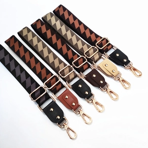 Detail of adjustable wide shoulder straps with geometric patterns and gold metal clips