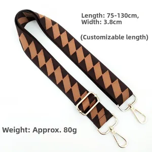 Adjustable 3.8cm wide bag strap with brown geometric patterns and gold metal buckles
