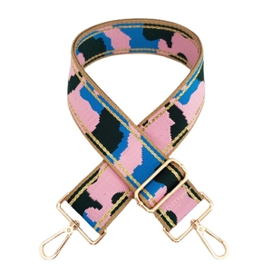 Adjustable camouflage pattern bag strap with gold metallic trim and lobster clasps
