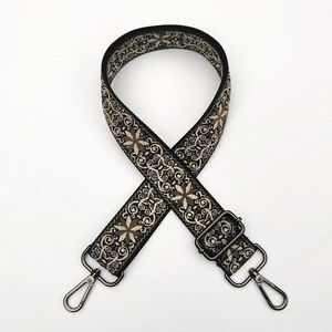 Detail of ethnic floral jacquard strap with gunmetal swivel hooks and adjustable slider