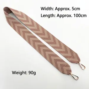 Adjustable 5cm wide beige and brown chevron canvas shoulder strap with rose gold metal hooks