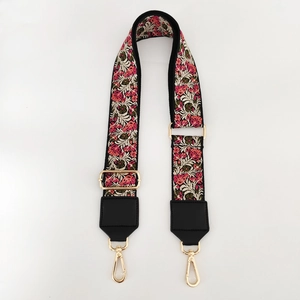 Ethnic style embroidered floral jacquard wide guitar strap with golden metal lobster clasps
