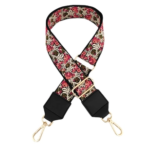 Ethnic floral embroidered wide shoulder strap with pink jacquard and gold metal hooks