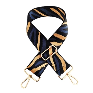Colorful zebra pattern woven bag strap with golden metal lobster clasps and adjusters