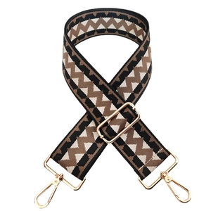 Adjustable wide replacement shoulder strap with black and brown geometric woven pattern