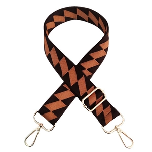 Adjustable wide replacement bag strap with coffee and black geometric diamond pattern