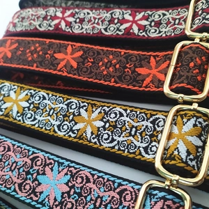 Adjustable ethnic style embroidered bag straps with floral jacquard and gold metal buckles