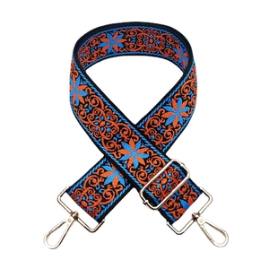 Ethnic style wide embroidered shoulder strap with orange and blue floral patterns