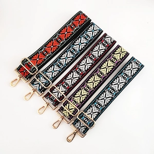Adjustable wide ethnic style jacquard shoulder straps with gold metal hooks for handbags