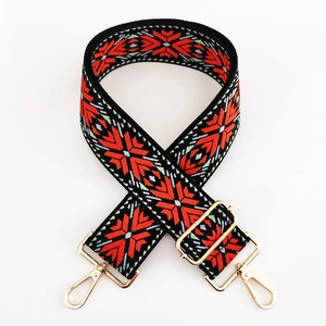 Adjustable vintage jacquard wide shoulder strap with red geometric embroidery and gold hooks