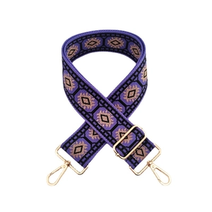 Ethnic purple jacquard wide bag strap with geometric patterns and gold metal buckles