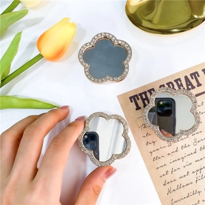 Sparkling diamond-encrusted flower mirror phone grip stand with rose gold metal frame