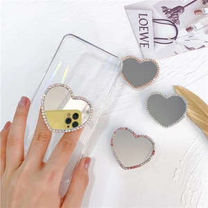 Sparkling rhinestone heart mirror phone grip set with transparent case and various colors