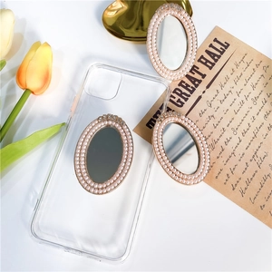 Rhinestone pearl mirror phone socket on clear case with elegant tulip decoration