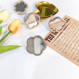 Flower Shaped Mirror Phone Grip Stand Rhinestone Alloy Collapsible Adhesive Desktop Holder For Women Girls Elegant