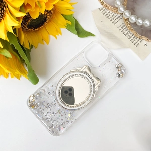 Transparent iPhone case with silver bow mirror, pearls and rhinestones design