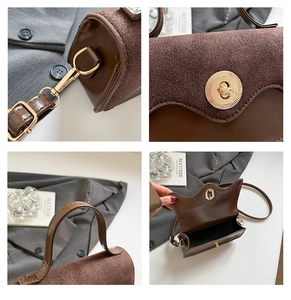 Detail view of brown suede shoulder bag with gold twist lock and spacious interior