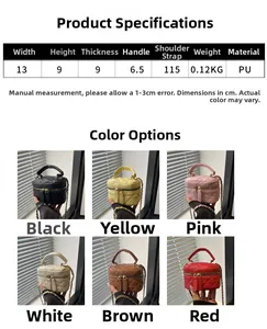 Quilted mini box bag size chart and multi-color selection in 13x9x9cm compact dimensions